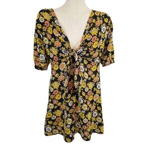 ASOS Dress Womans 8 Yellow & Black Summer Mini Floral 70s Boho Hippie Tie Front